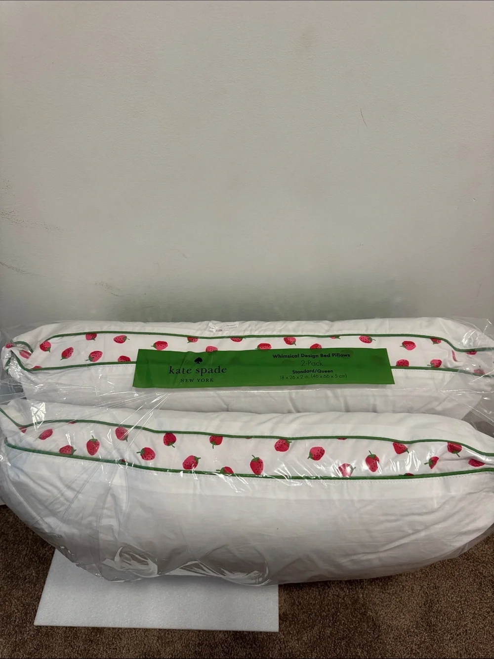 Kate spade strawberry trim set of 2 queen size bed pillows 18” x 26” x 2” NIP